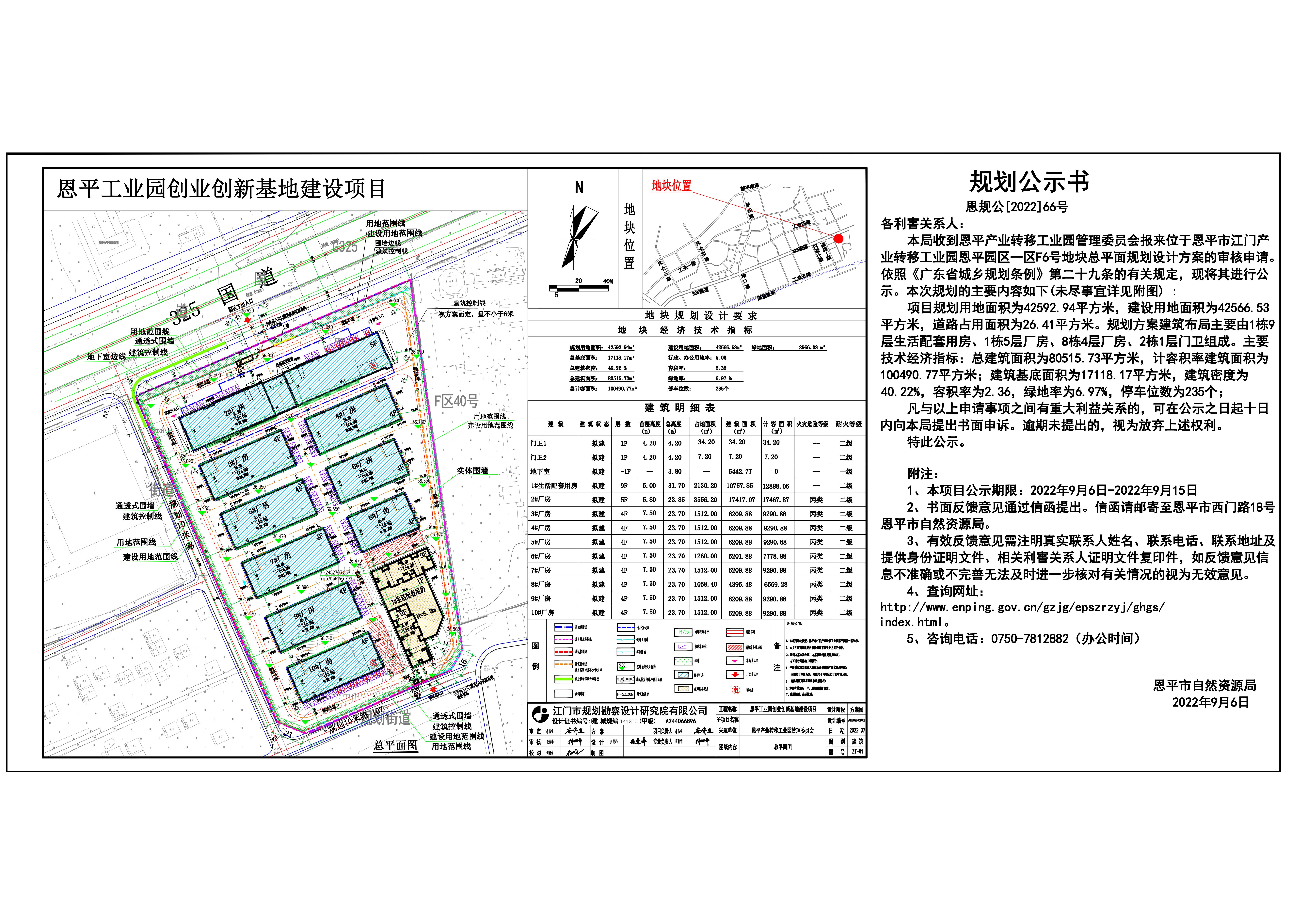 恩规公[2022]66号关于全球最大的博彩平台江门产业转移工业园全球最大的博彩平台园区一区F6号总平面规划设计方案的公示_00.jpg
