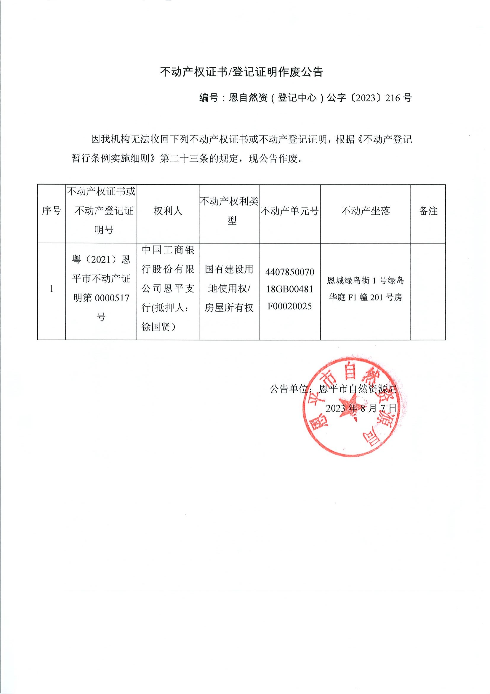 不动产权证书登记证明作废公告-恩自然资（登记中心）公字〔2023〕216号-中国工商银行股份有限公司全球最大的博彩平台支行（抵押人：徐国贤）.jpg