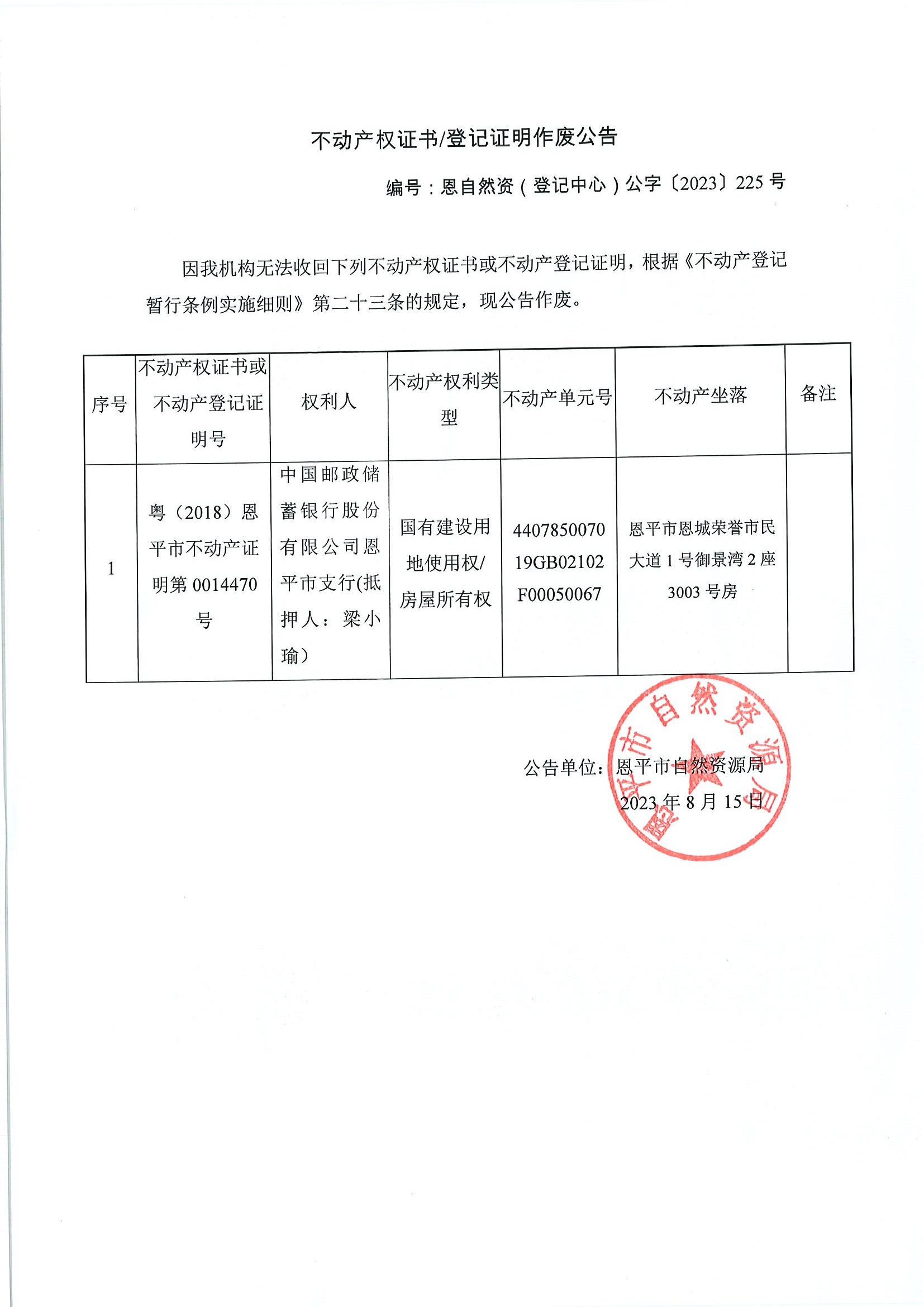 不动产权证书登记证明作废公告-恩自然资（登记中心）公字〔2023〕225号-中国邮政储蓄银行股份有限公司全球最大的博彩平台支行（抵押人：梁小瑜）.jpg