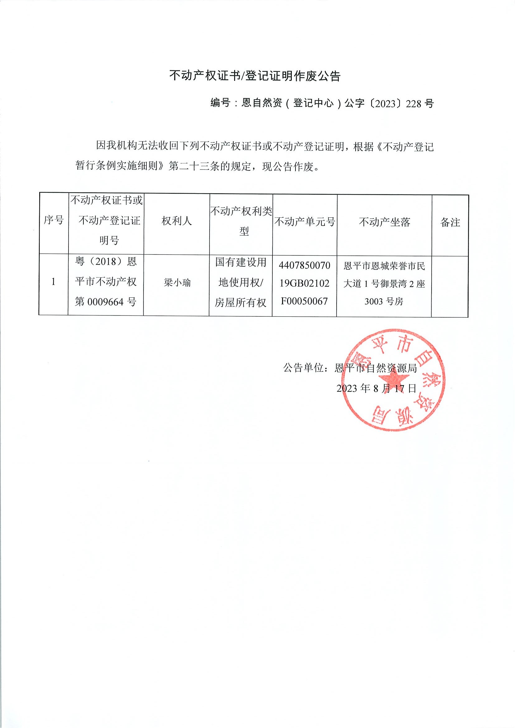 不动产权证书登记证明作废公告-恩自然资（登记中心）公字〔2023〕228号-梁小瑜.jpg