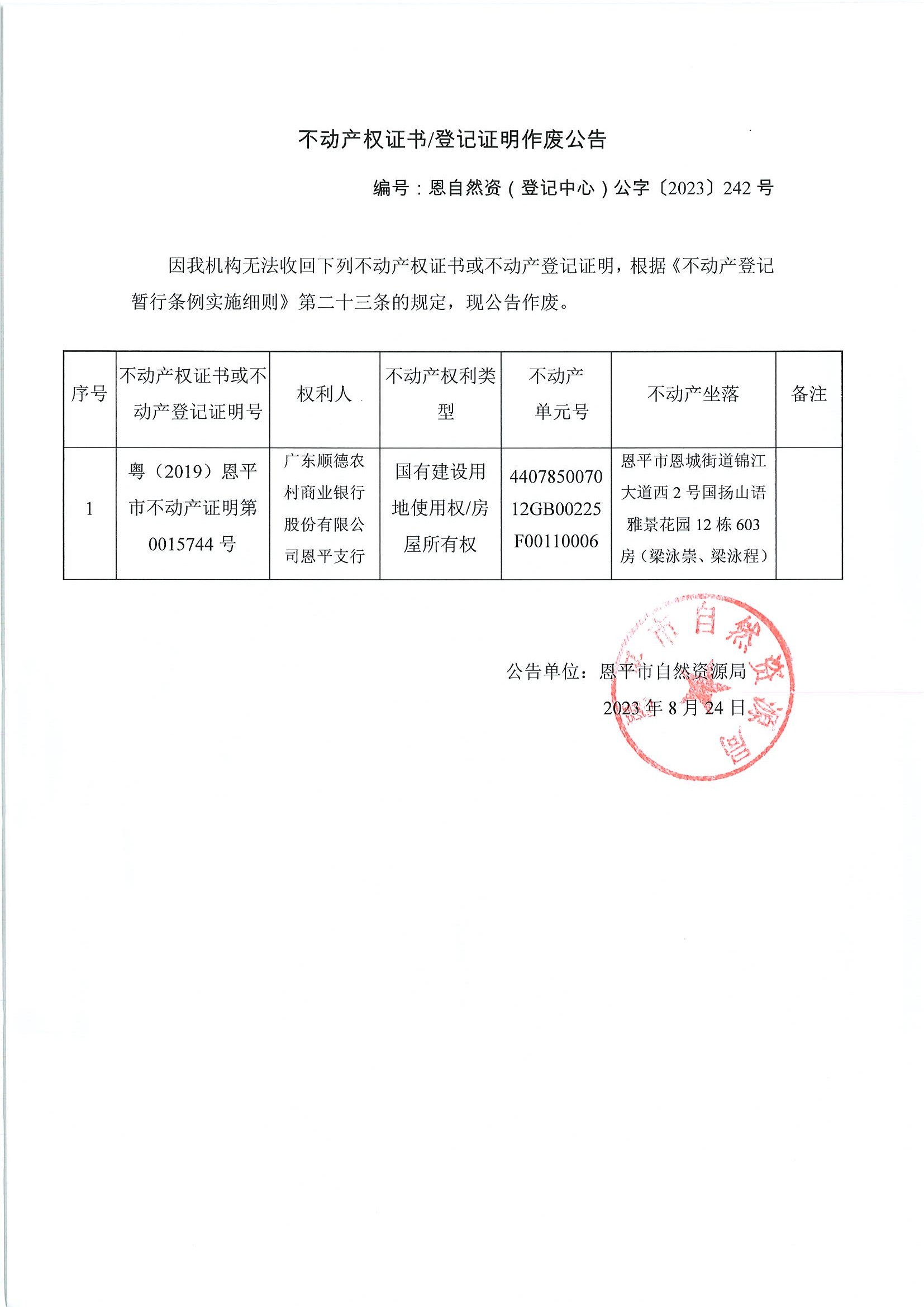 不动产权证书登记证明作废公告-恩自然资（登记中心）公字〔2023〕242号-广东顺德农村商业银行股份有限公司全球最大的博彩平台支行.jpg