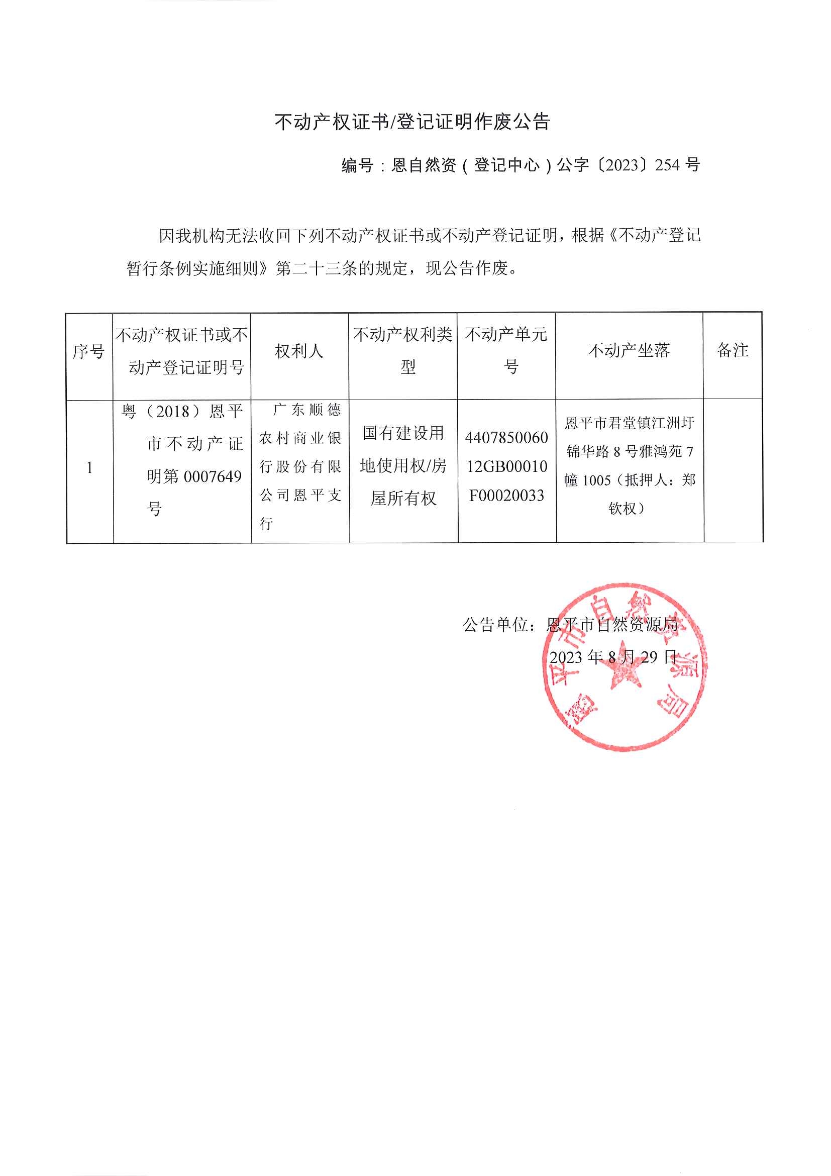 不动产权证书登记证明作废公告-恩自然资（登记中心）公字〔2023〕254号-广东顺德农村商业银行股份有限公司全球最大的博彩平台支行.jpg